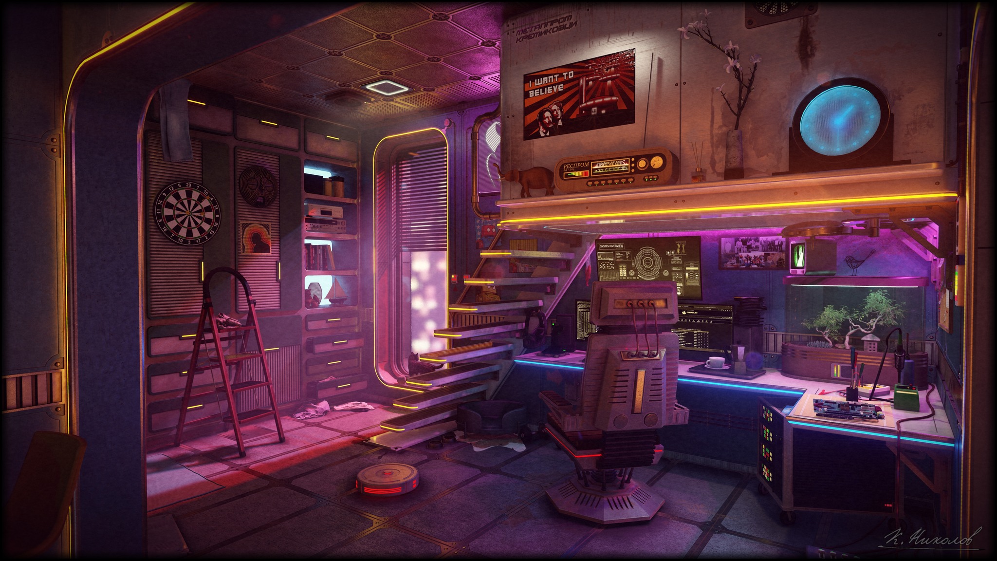 The meme is a humorous illustration of a cluttered and messy room, with various objects and gadgets scattered throughout. The text "I WANT TO BELIEVE" is written on a poster in the background, referencing the classic TV show "The X-Files". The image is meant to poke fun at the idea of a "nerd" or "tech-obsessed" person's living space, with its chaotic and cluttered environment.